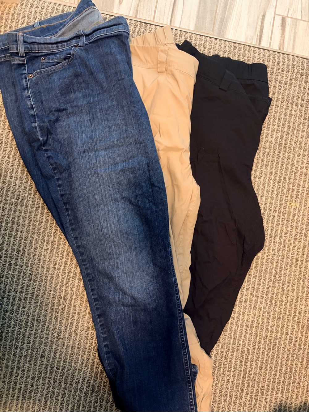 Duluth Trading Co Pants Trio — Blue, Tan & Black